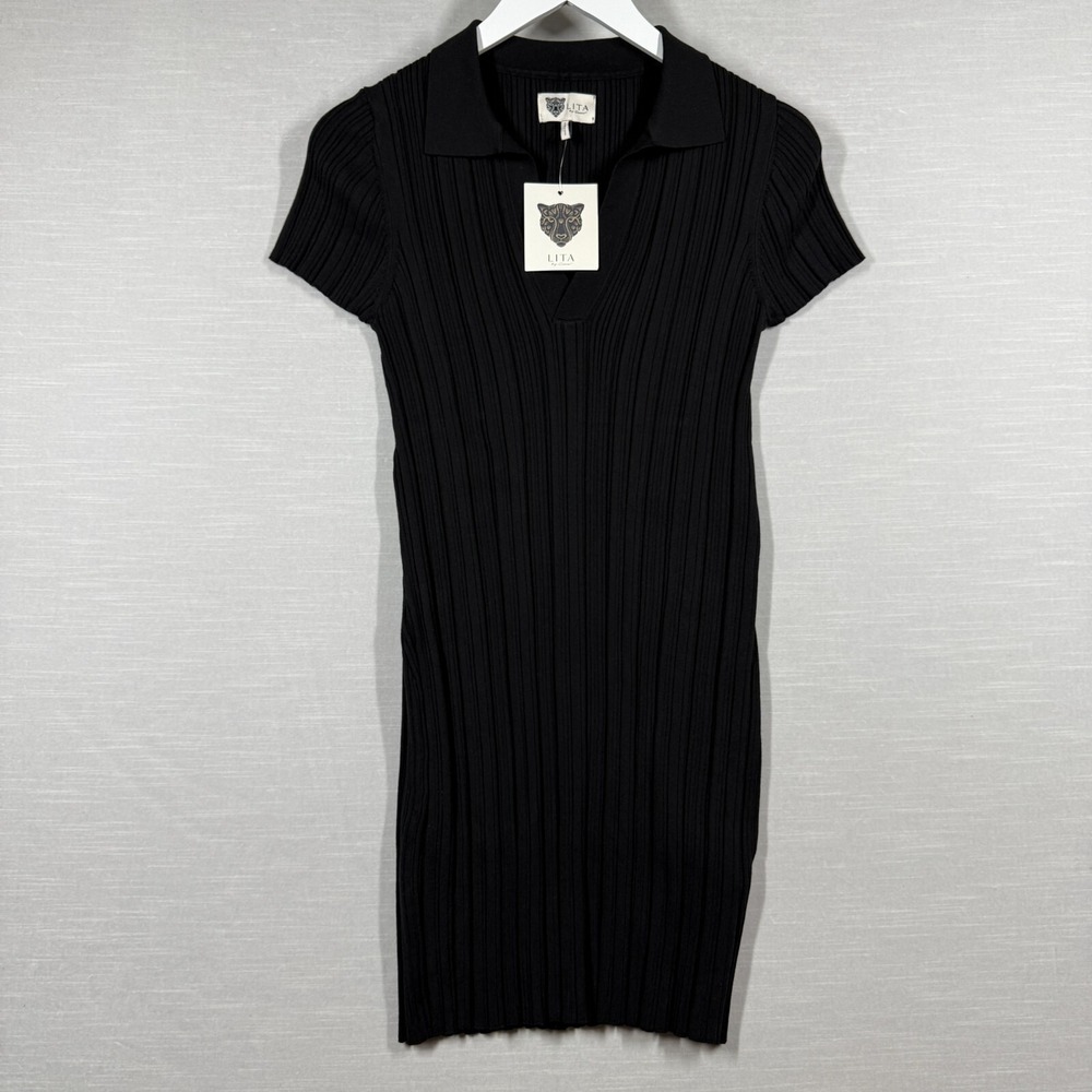 Lita by Ciara Dress Women L Black Knit Ribbed Bodycon Minimalist Collar L634-1
